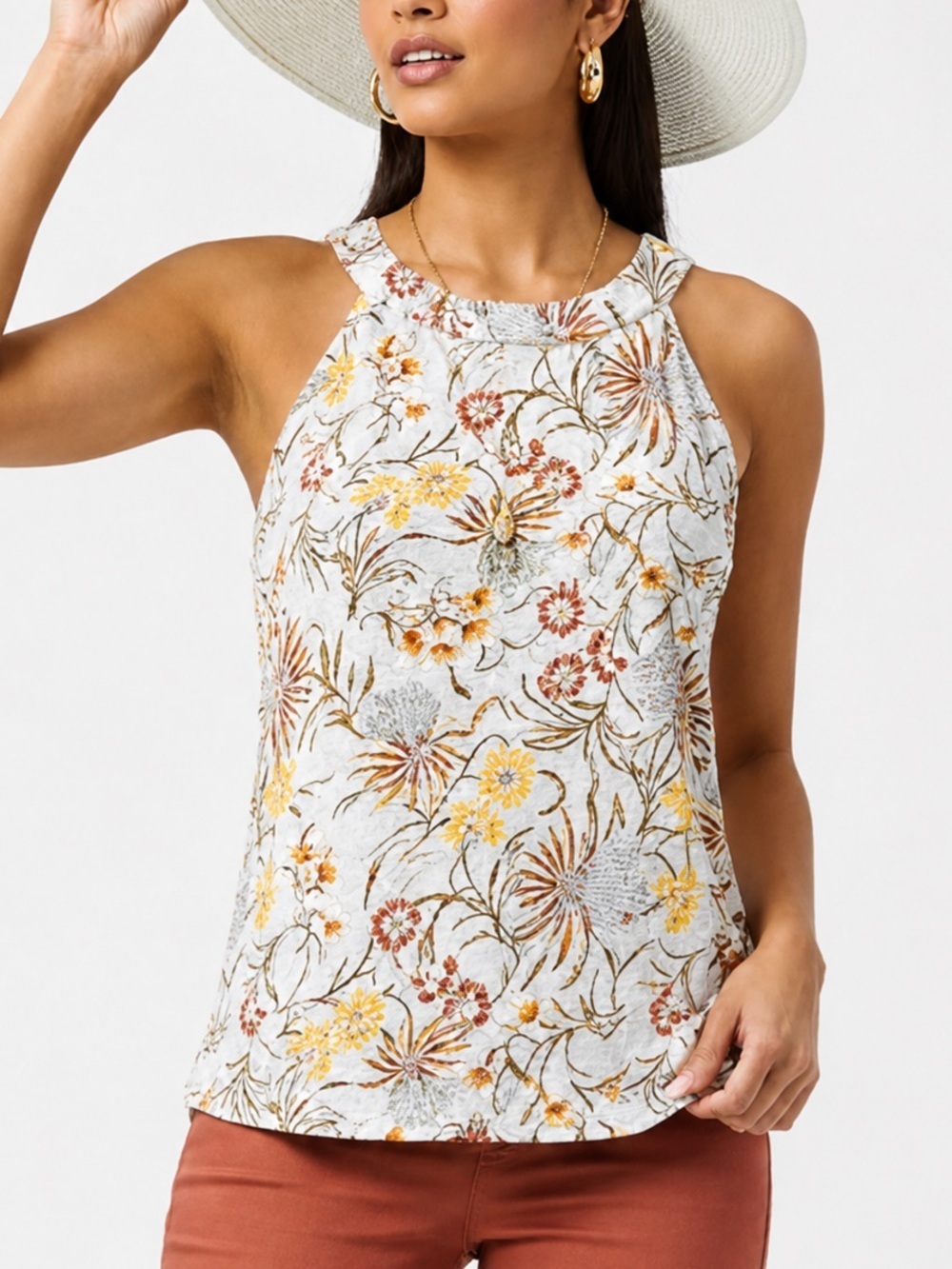 Joie 100% Linen White Floral High Neck Tank Top Yellow & Rust Blooms Shirt Sz SM